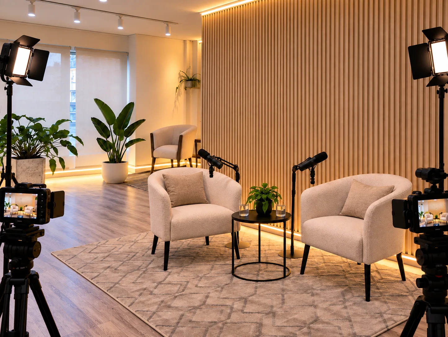 Set de grabación con sillones, cámaras y luces de estudio