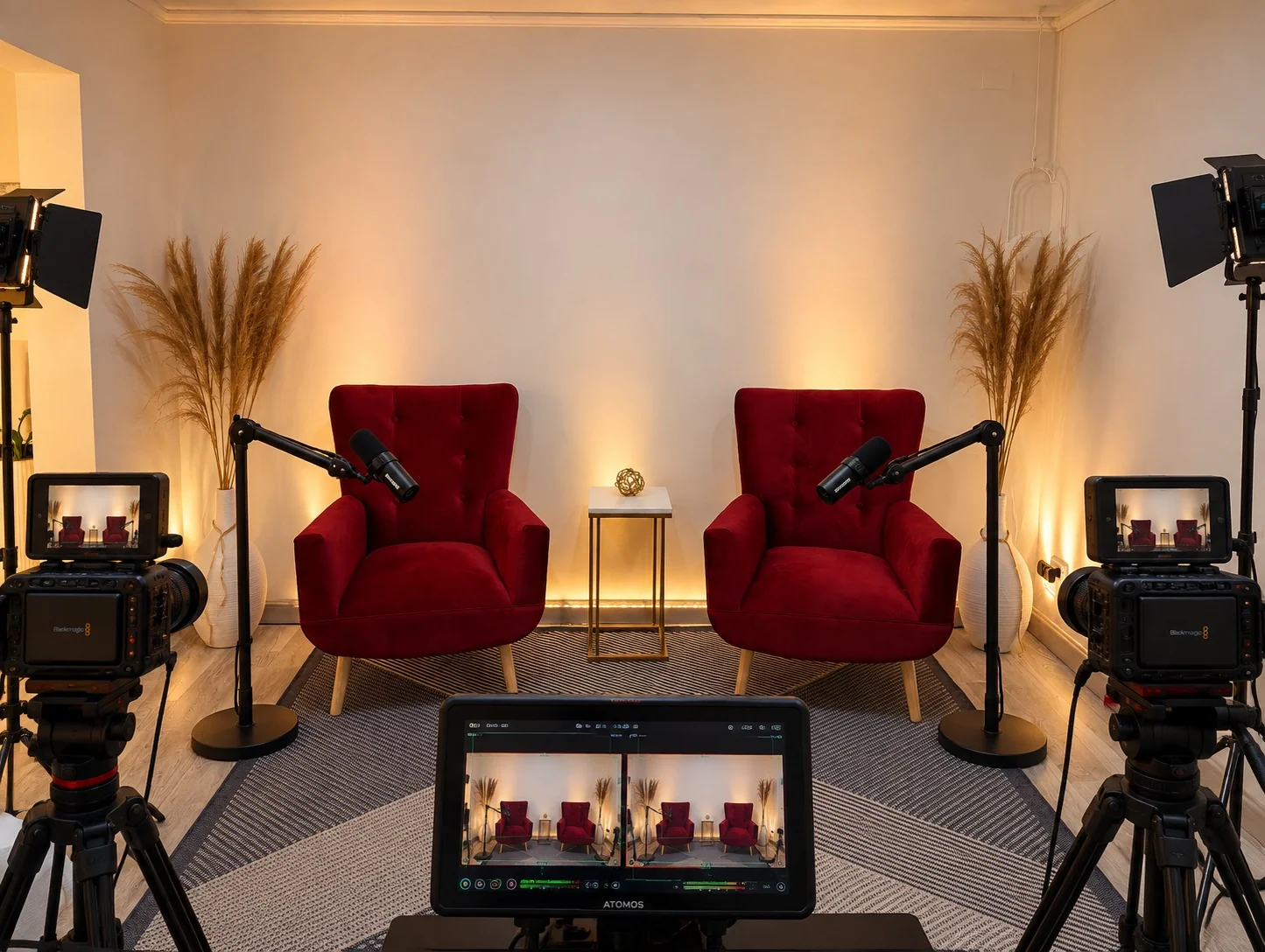 Espacio lounge con sillones rojos y cámaras