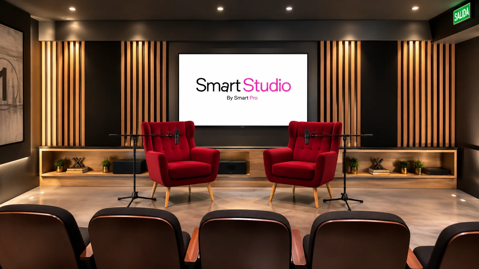 Estudio principal de Smart Studio con sillones rojos y micrófonos