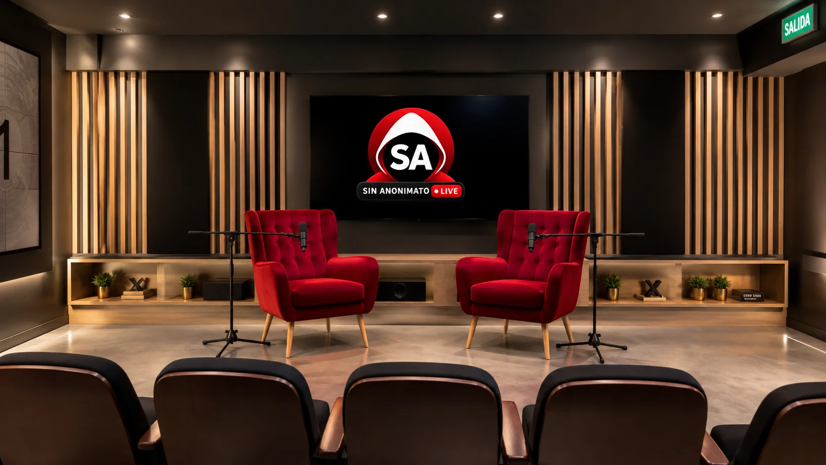 Estudio de podcast Sin Anonimato con sillones rojos