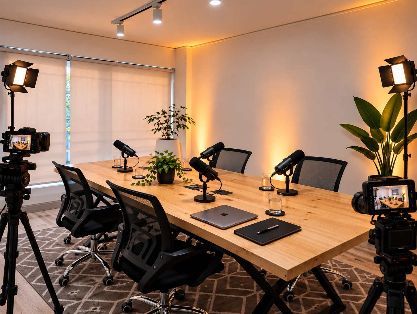 Estudio de podcast moderno con mesa de madera y cámaras