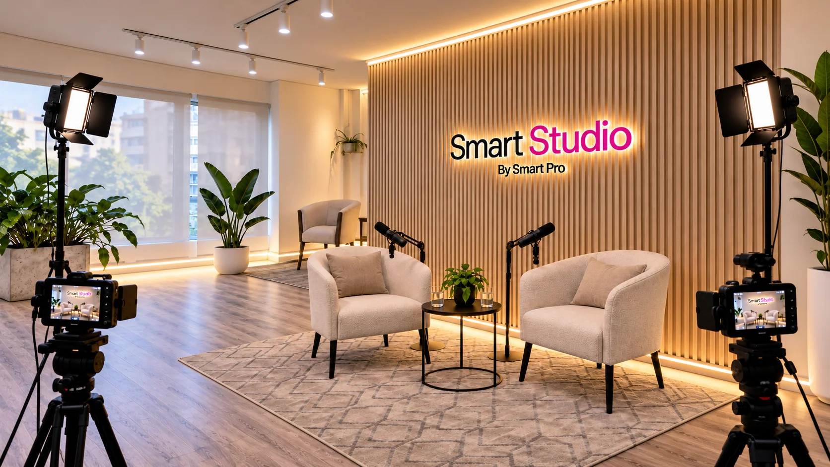 Estudio Smart Studio con sillones, logo iluminado y cámaras de grabación