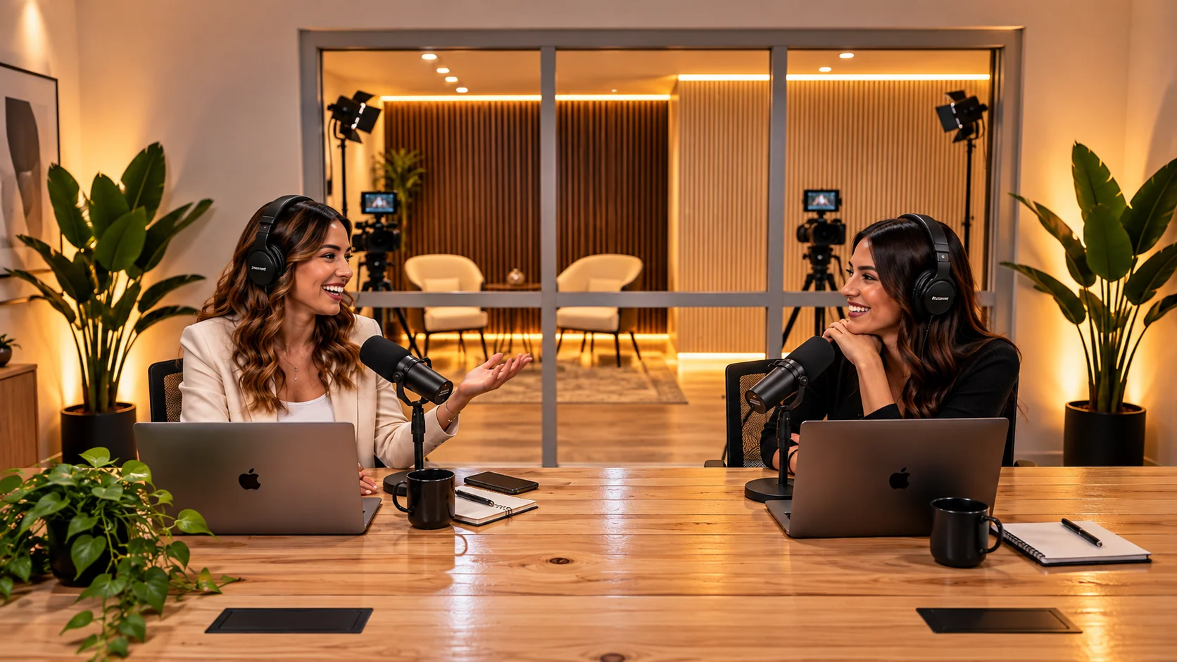 Dos mujeres conversan con micrófonos en el estudio de podcast Smart Studio