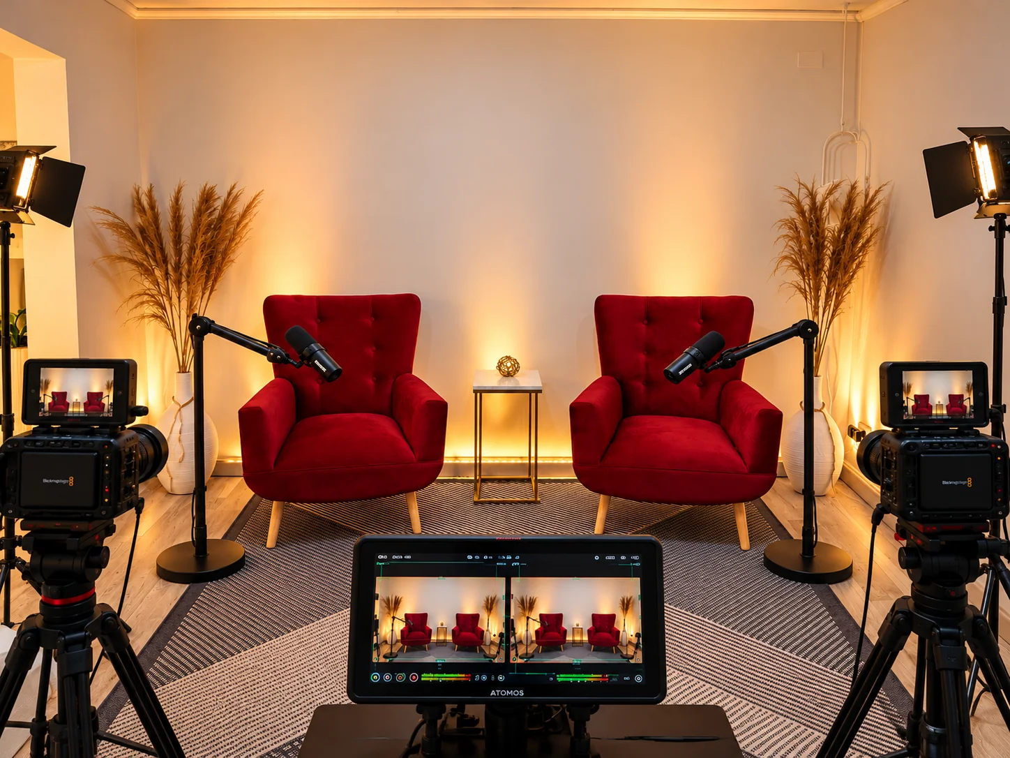 Estudio de podcast multicámara con iluminación y sillones rojos
