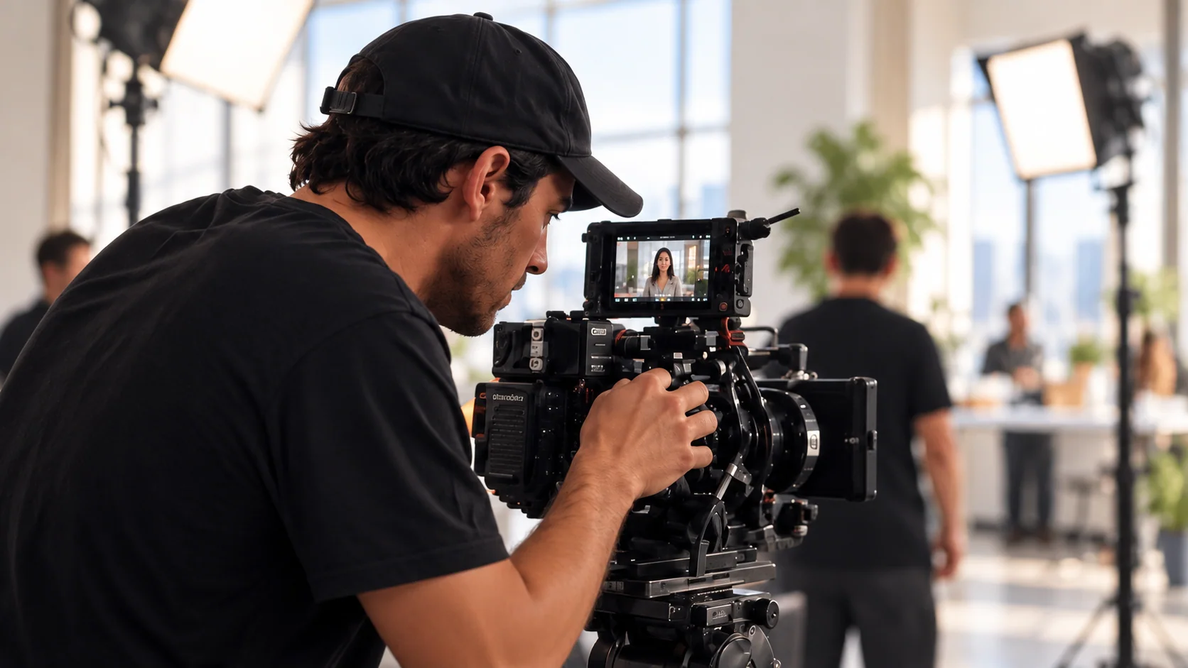 Camarógrafo trabajando en una producción corporativa iluminada