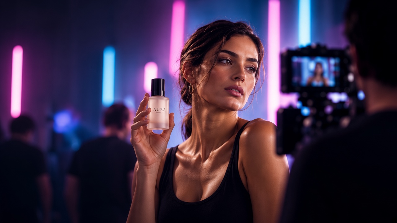 Producción fotográfica comercial de una modelo y un producto
