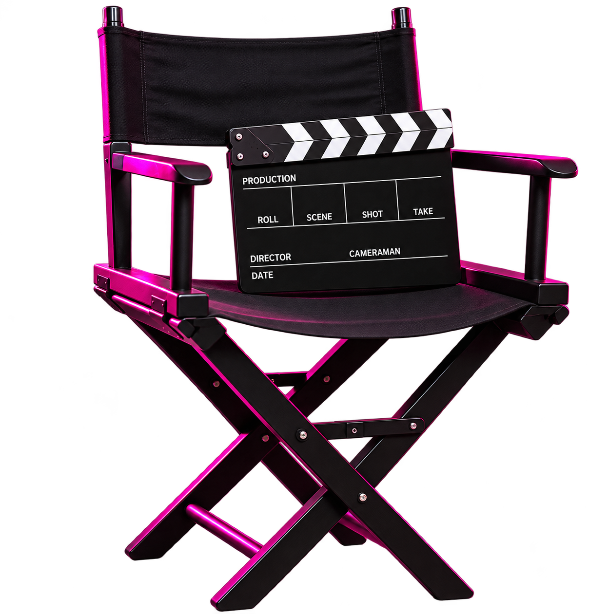 Silla de director y claqueta en un estudio con luz magenta