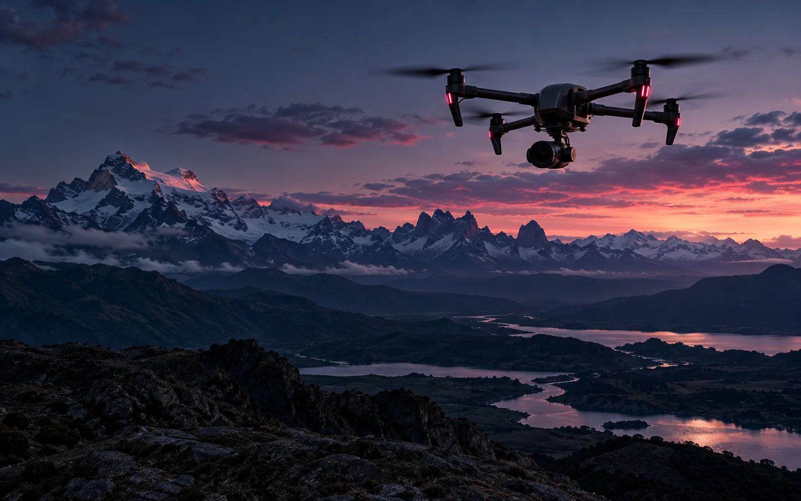 Drone profesional capturando un valle cordillerano al atardecer